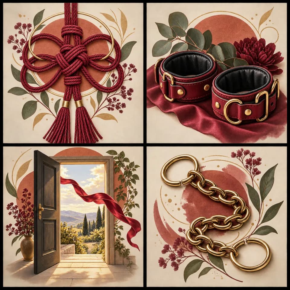 Warm-toned illustrations of rope, cuffs, an open doorway, and linked rings representing different relationships with restraint.