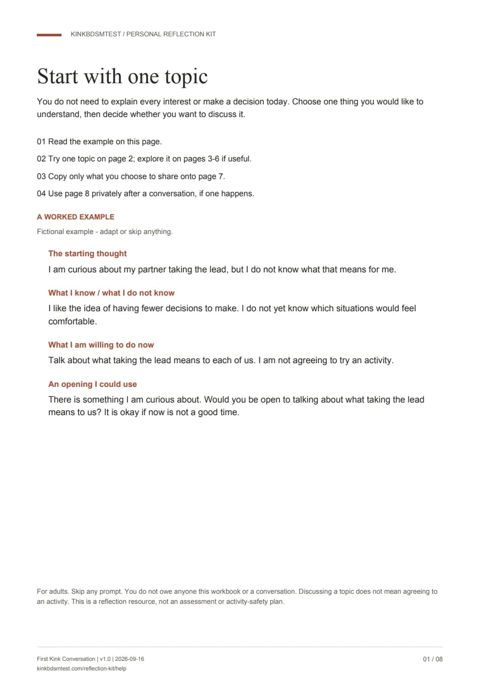 Page one of the Personal Reflection Kit: start with one topic, with a fictional worked example